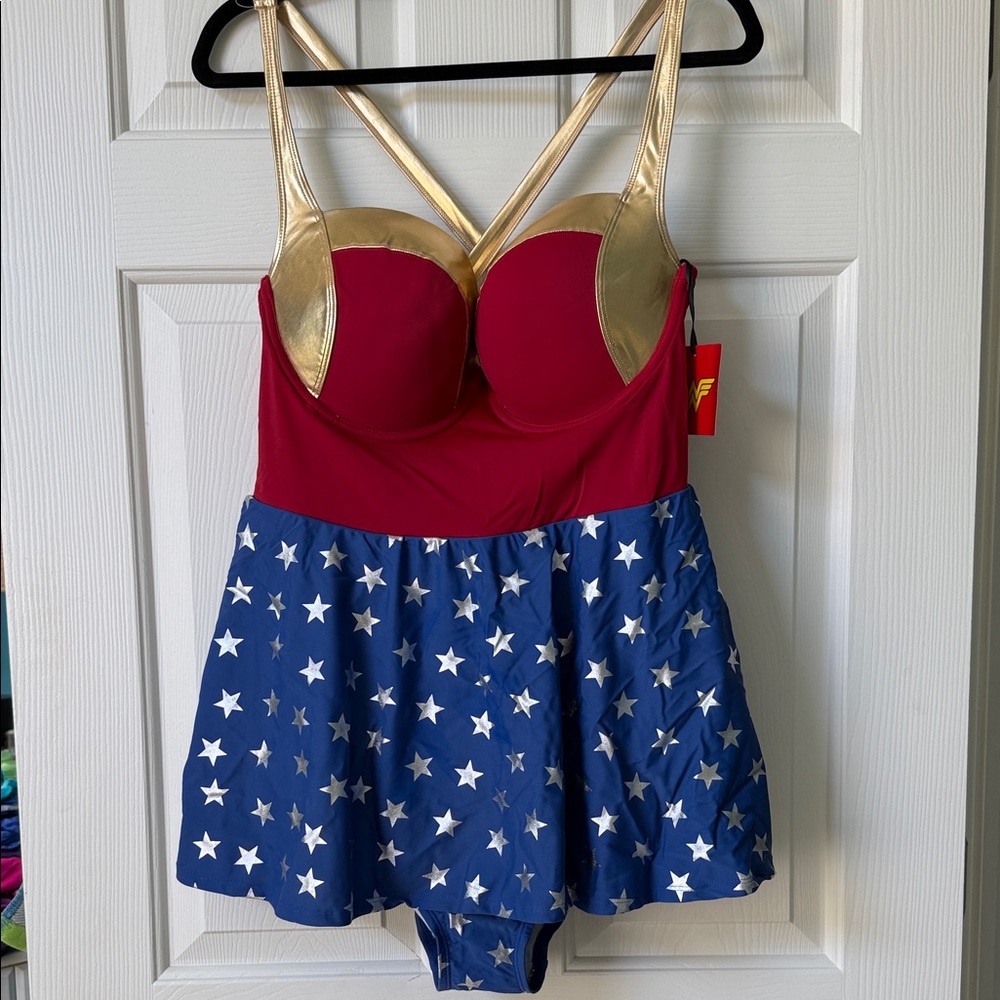 Wonder Woman Red and Blue Star Swimsuit with Gold Straps